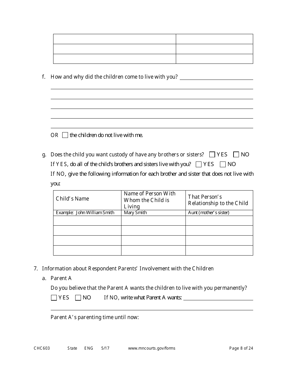 Form CHC603 Petition for Third Party Custody - Minnesota, Page 8