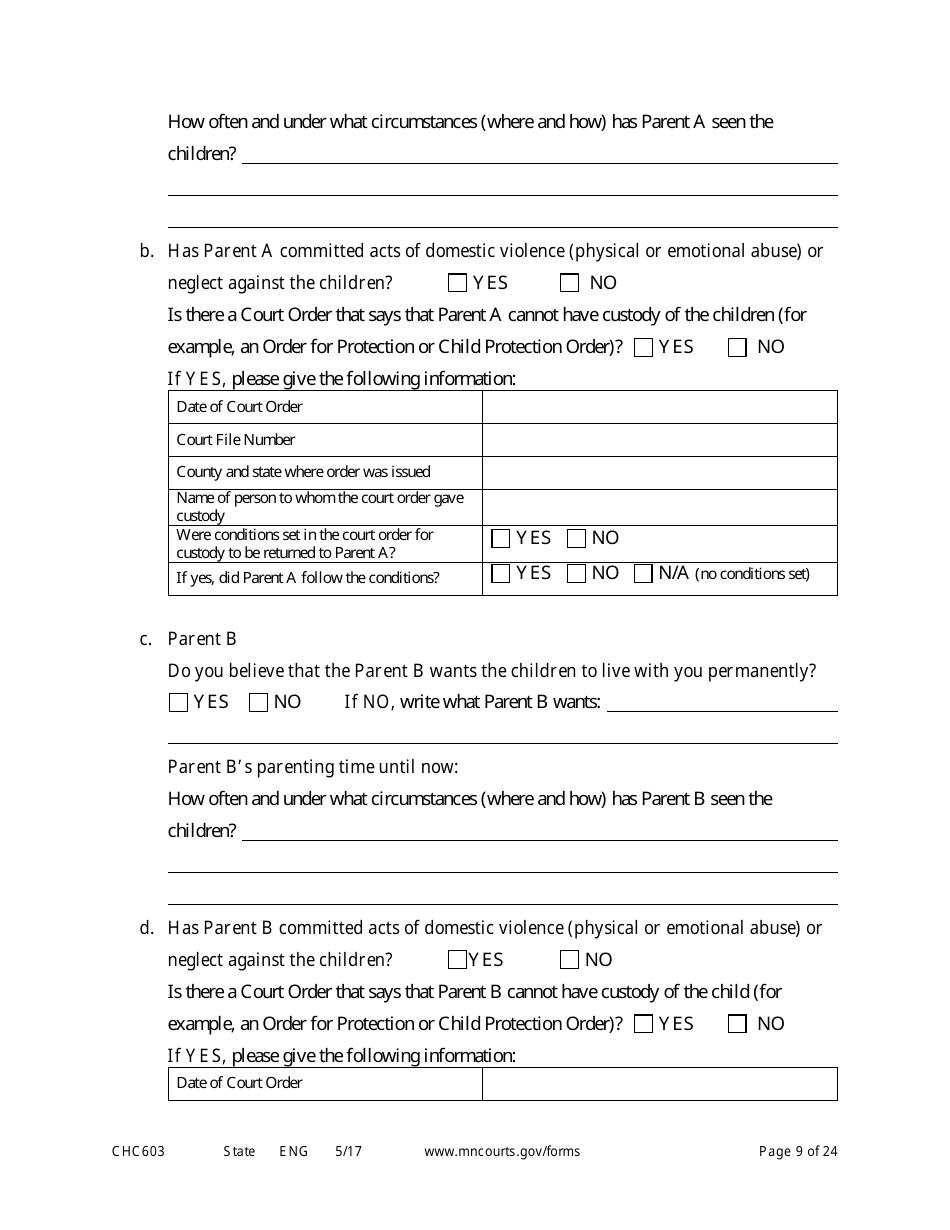 Form CHC603 Petition for Third Party Custody - Minnesota, Page 9