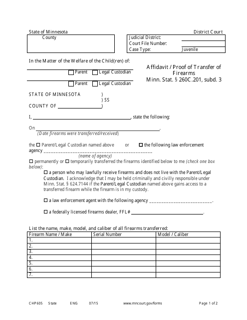 Form CHP605 Affidavit / Proof of Transfer of Firearms - Minnesota