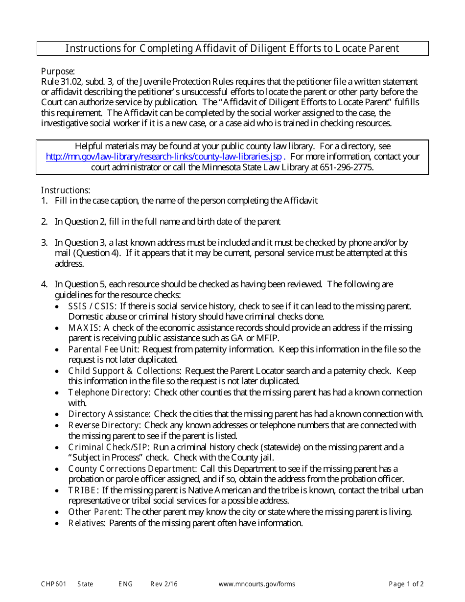 Instructions for Form CHP602 Affidavit of Diligent Efforts to Locate Parent and Order for Service by Publication - Minnesota, Page 1