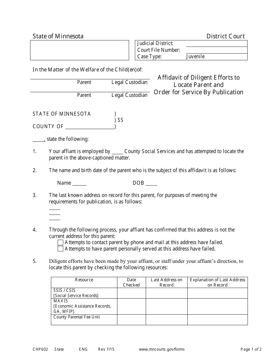 Form CHP602 Affidavit of Diligent Efforts to Locate Parent and Order for Service by Publication - Minnesota, Page 1