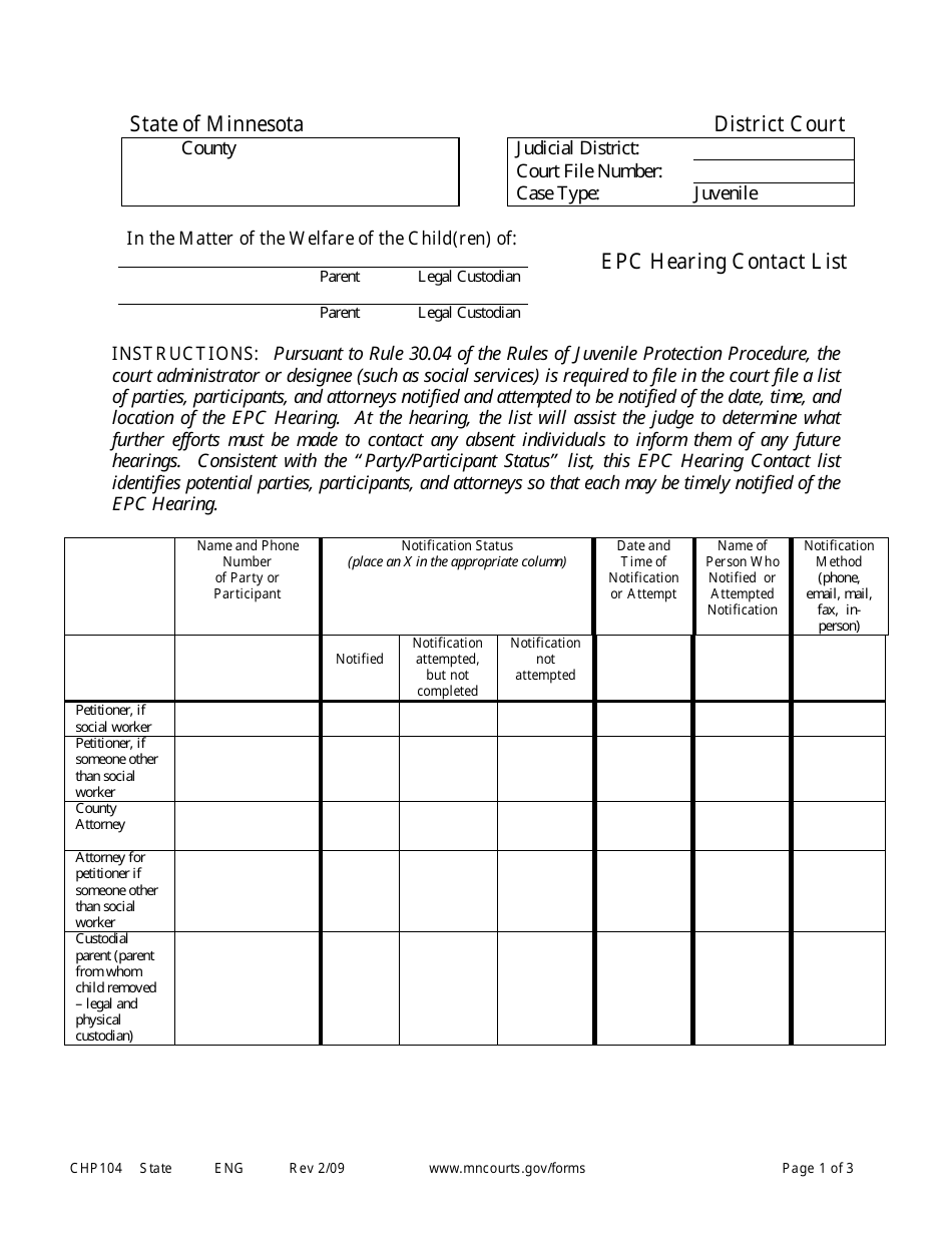 Form CHP104 Epc Hearing Contact List - Minnesota, Page 1