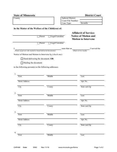 Form CHP406 Affidavit of Service: Notice of Motion and Motion to Intervene - Minnesota