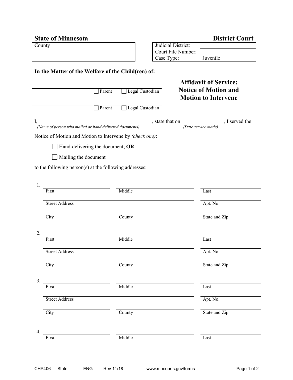 Form CHP406 Affidavit of Service: Notice of Motion and Motion to Intervene - Minnesota, Page 1