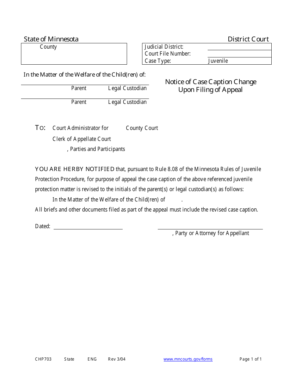 Form CHP703 Notice of Case Caption Change Upon Filing of Appeal - Minnesota, Page 1
