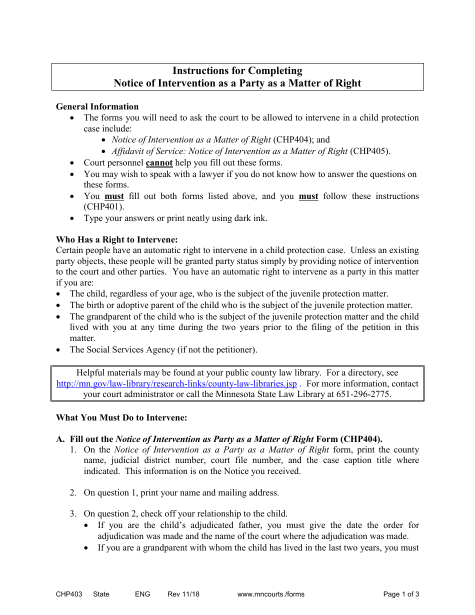 Instructions for Form CHP404 Notice of Intervention as a Party as a Matter of Right - Minnesota, Page 1
