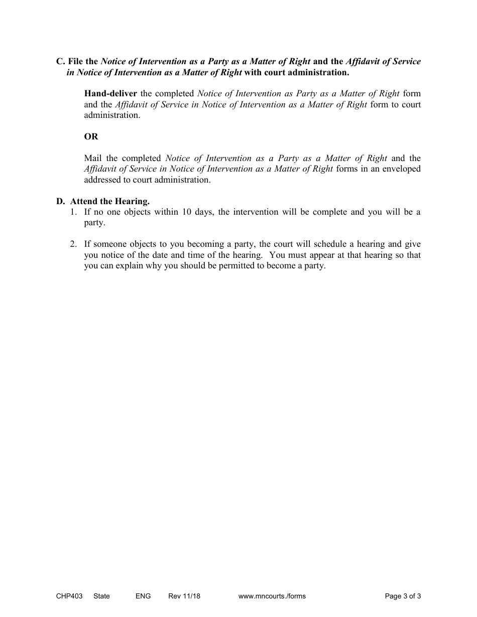 Instructions for Form CHP404 Notice of Intervention as a Party as a Matter of Right - Minnesota, Page 3