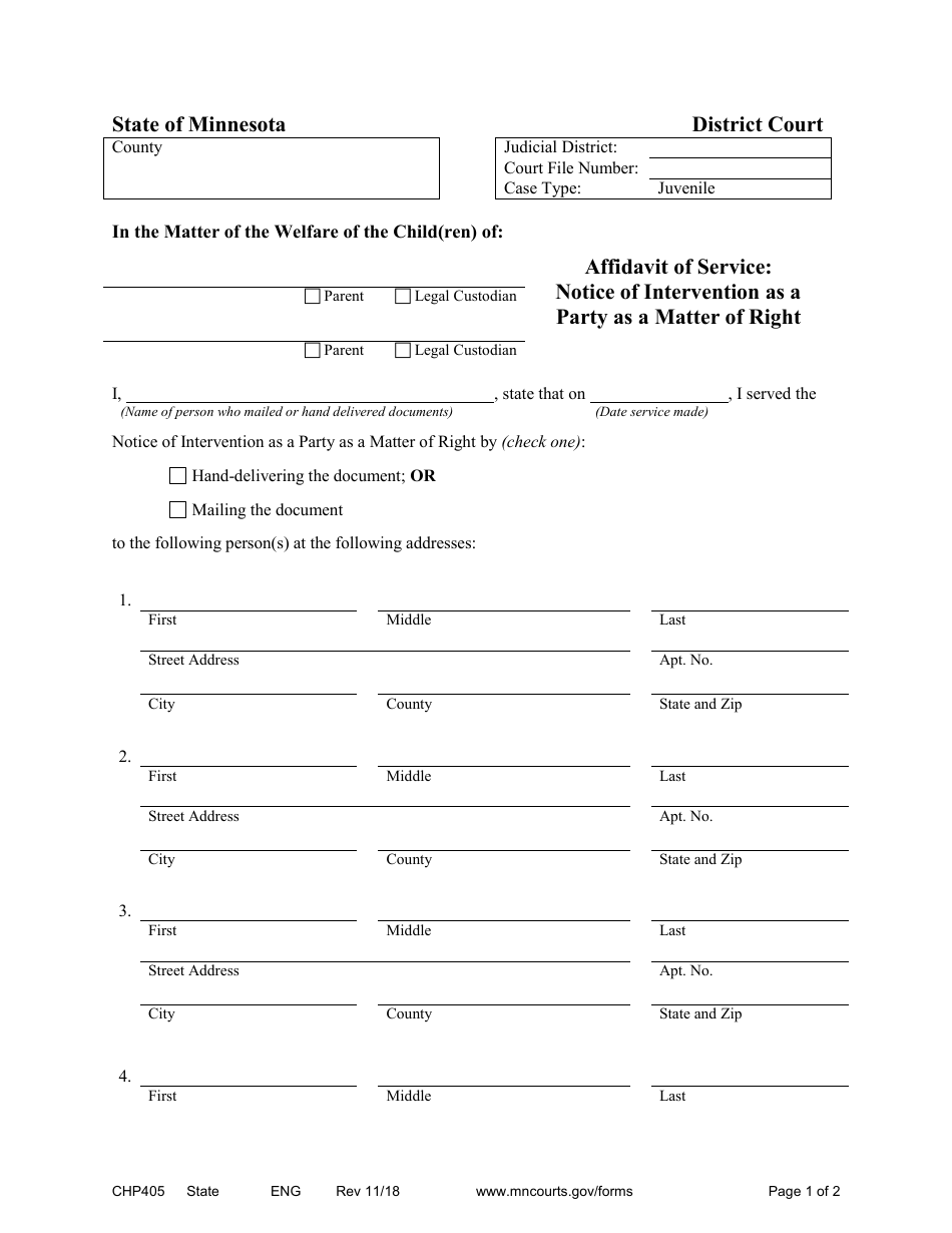 Form CHP405 Affidavit of Service: Notice of Intervention as a Party as a Matter of Right - Minnesota, Page 1
