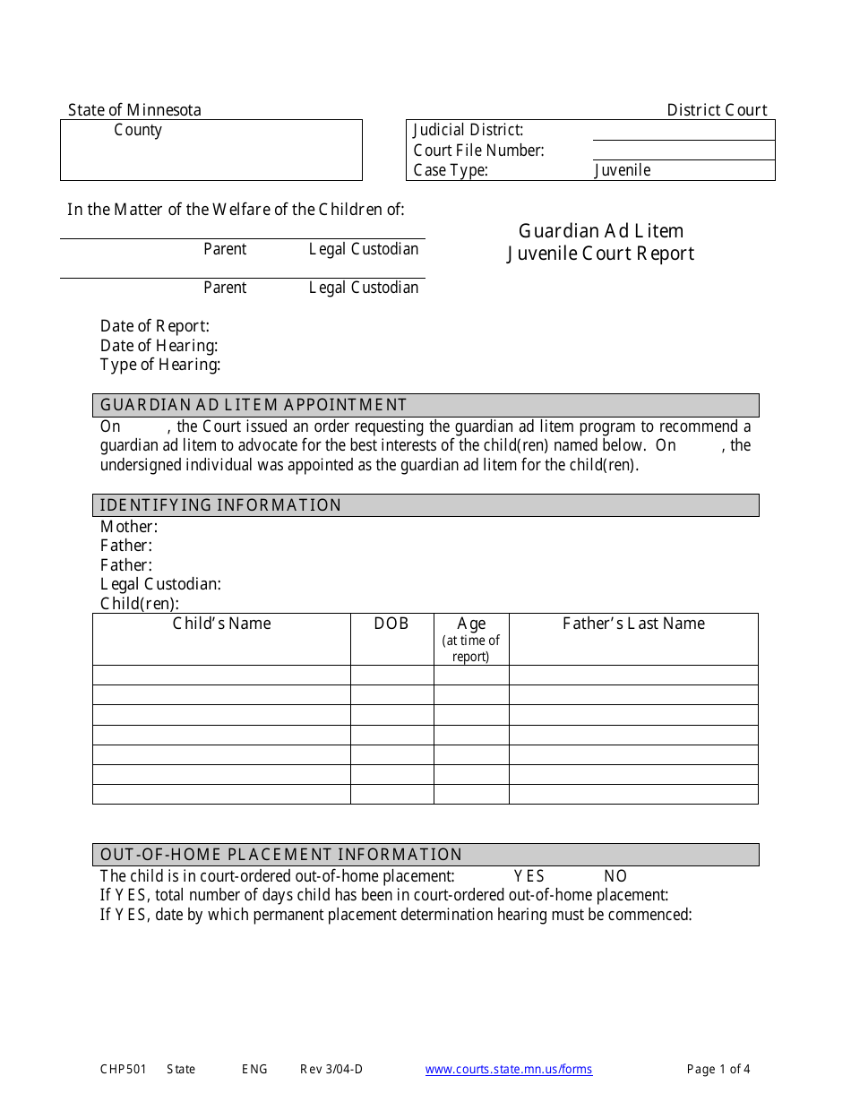 Form CHP501 Guardian Ad Litem Juvenile Court Report - Minnesota, Page 1