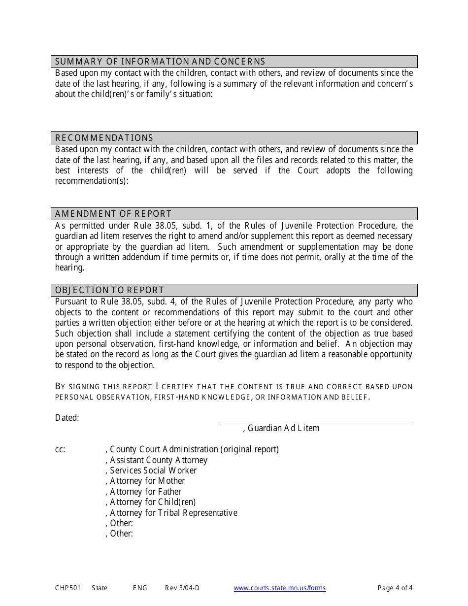 Form CHP501 Guardian Ad Litem Juvenile Court Report - Minnesota, Page 4