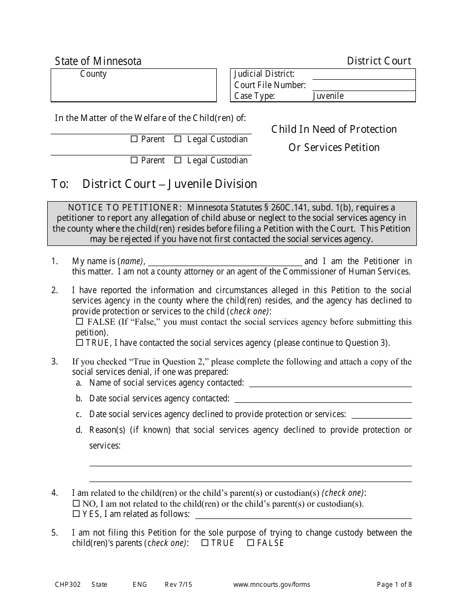 Form CHP302 Download Printable PDF or Fill Online Child in Need of