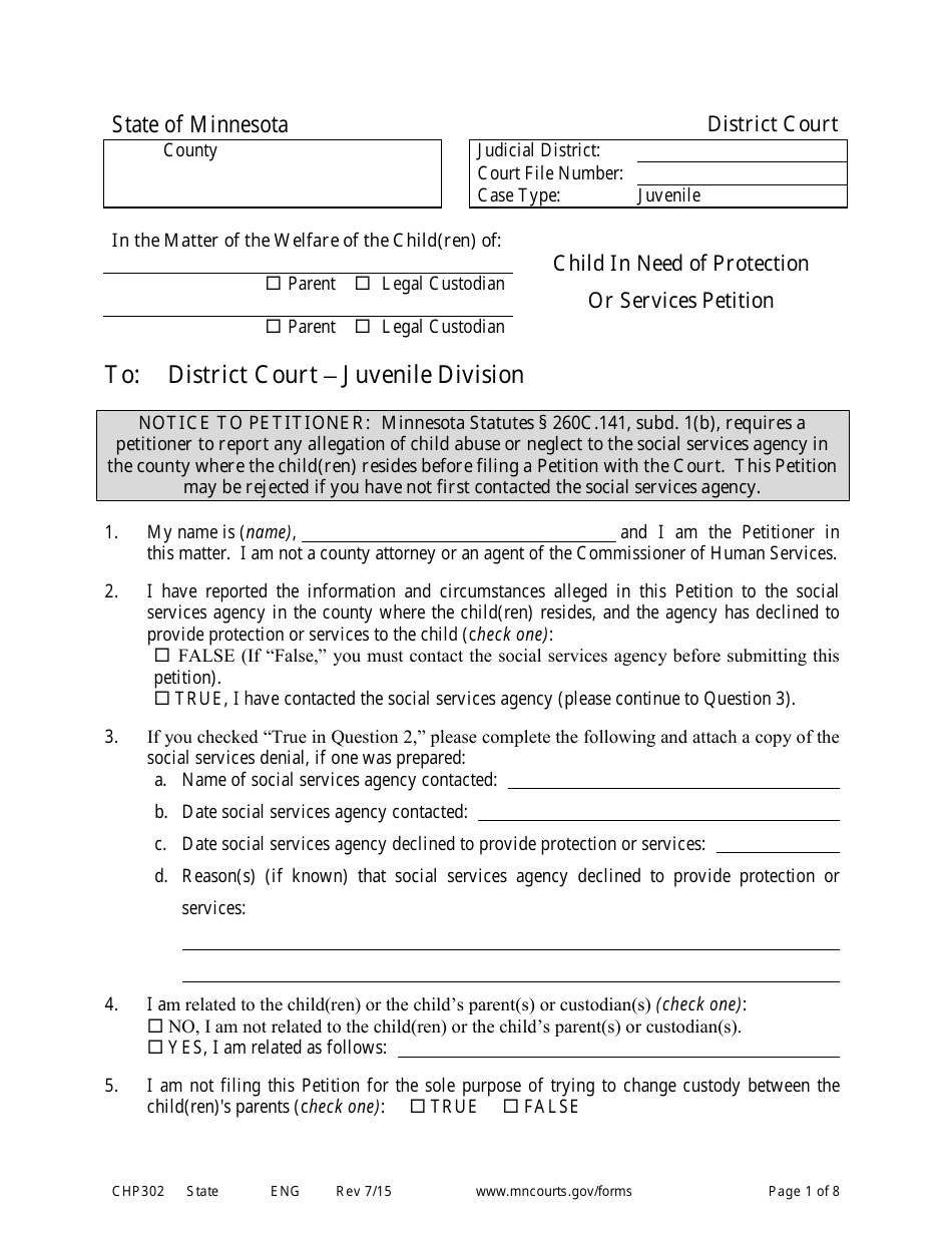 Form CHP302 Child in Need of Protection or Services Petition - Minnesota, Page 1