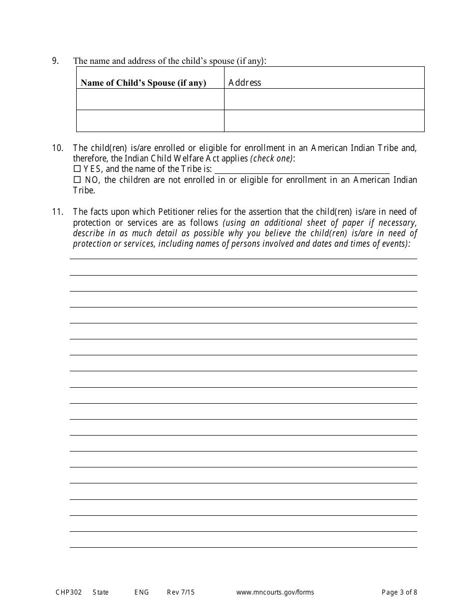 Form CHP302 Child in Need of Protection or Services Petition - Minnesota, Page 3
