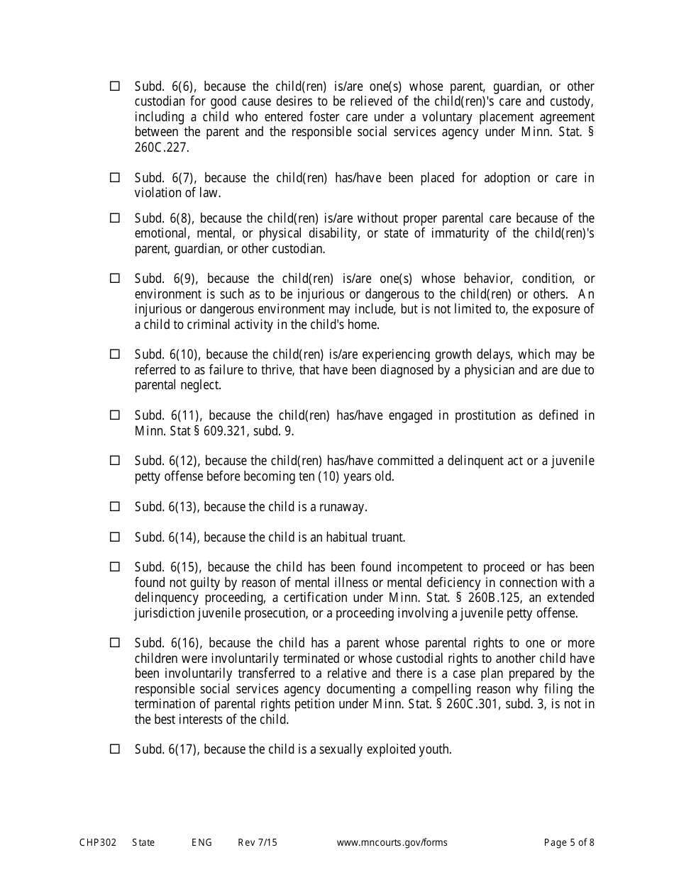 Form CHP302 Child in Need of Protection or Services Petition - Minnesota, Page 5