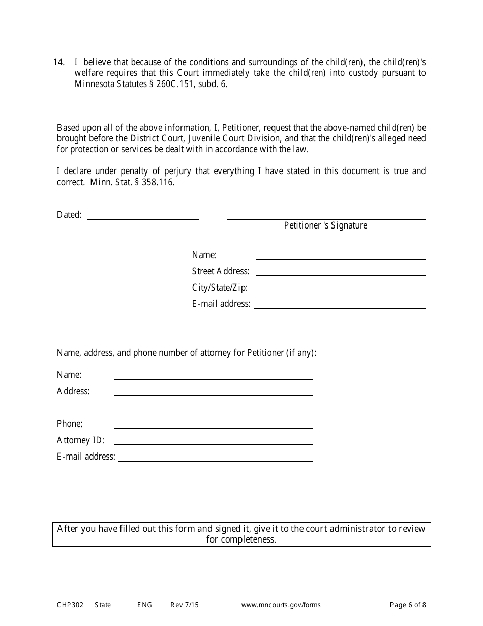 Form CHP302 Child in Need of Protection or Services Petition - Minnesota, Page 6