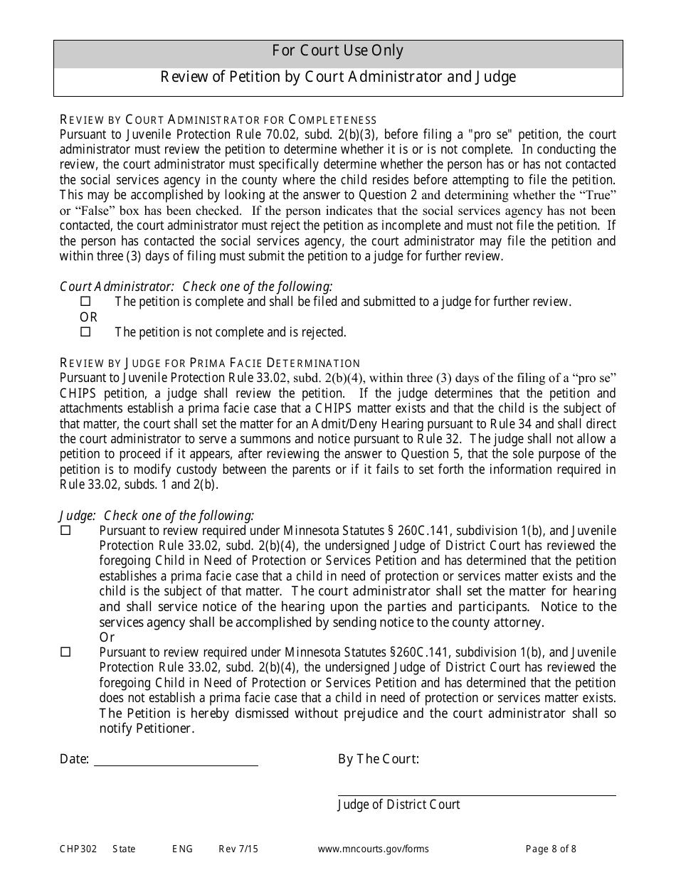 Form CHP302 Child in Need of Protection or Services Petition - Minnesota, Page 8