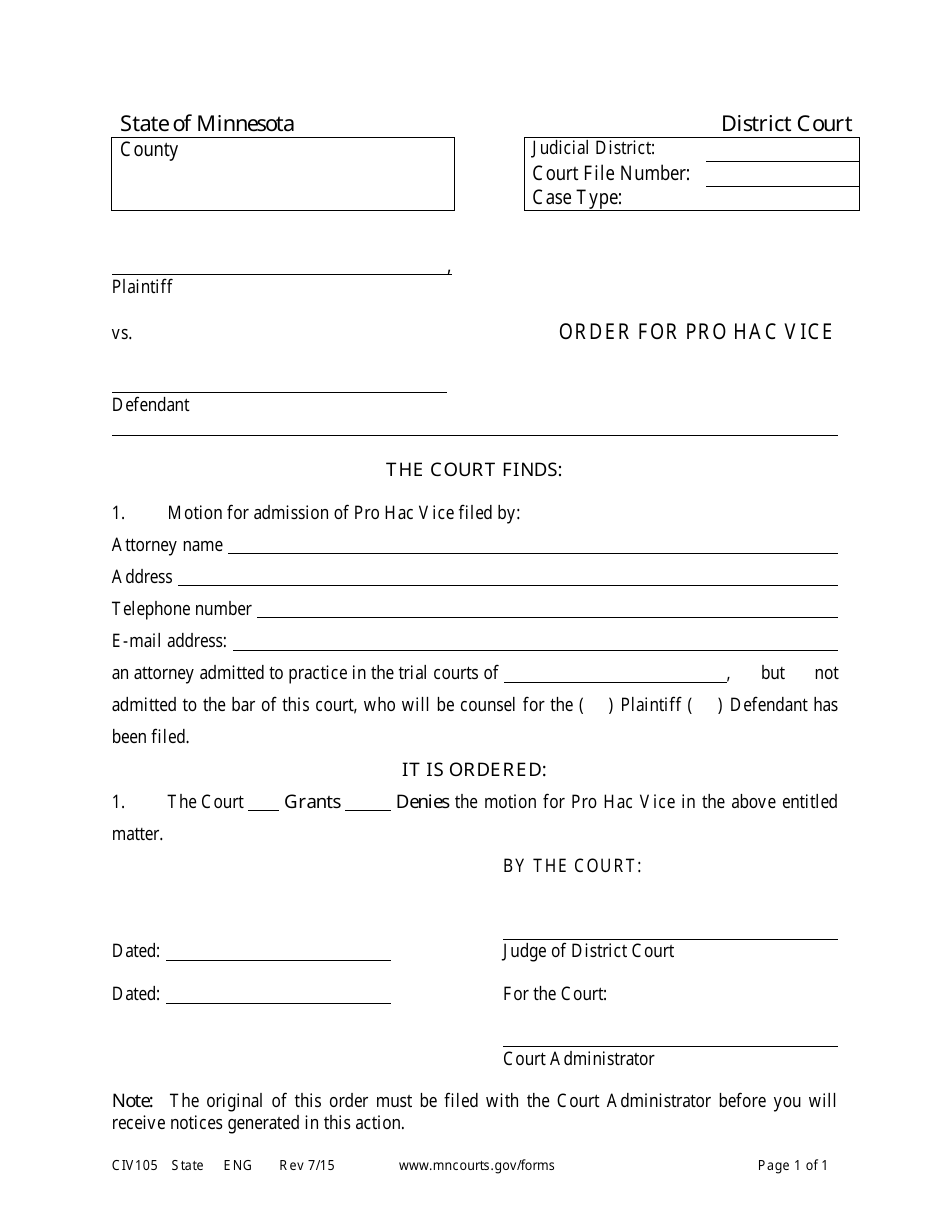 Form CIV105 Order for Pro Hac Vice - Minnesota, Page 1