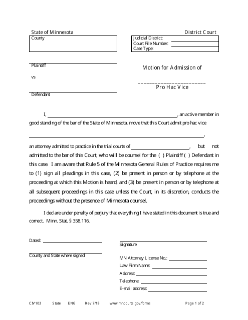 Form CIV103 Motion for Admission Pro Hac Vice - Minnesota