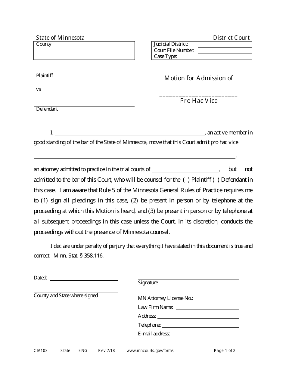 Form CIV103 Motion for Admission Pro Hac Vice - Minnesota, Page 1