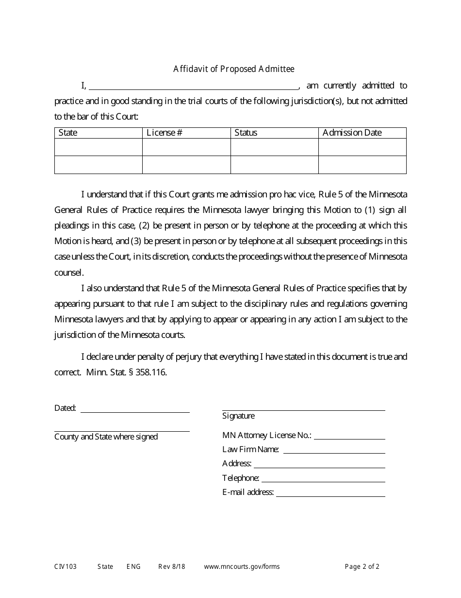 Form CIV103 Motion for Admission Pro Hac Vice - Minnesota, Page 2