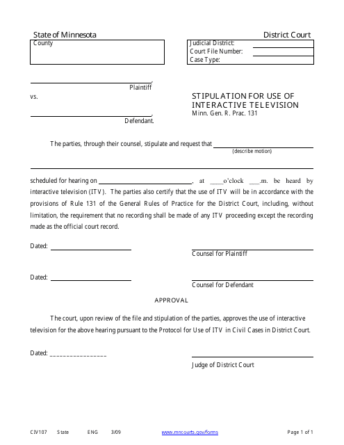 Form CIV107 Stipulation for Use of Interactive Television - Minnesota