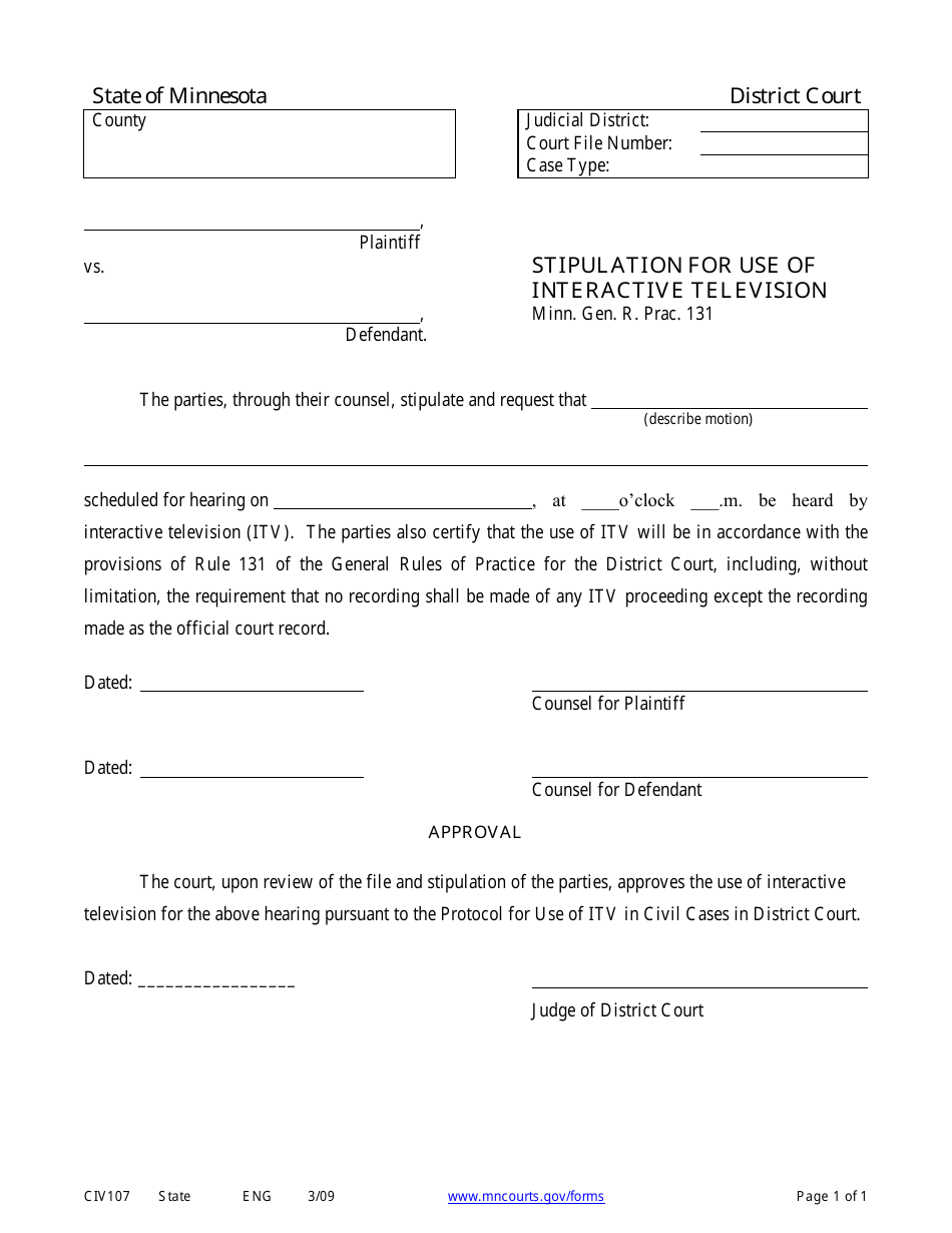 Form CIV107 Stipulation for Use of Interactive Television - Minnesota, Page 1