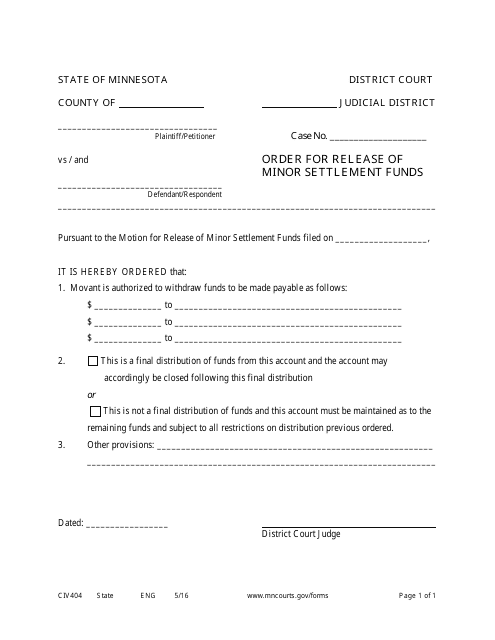 Form CIV404 Order for Release of Minor Settlement Funds - Minnesota