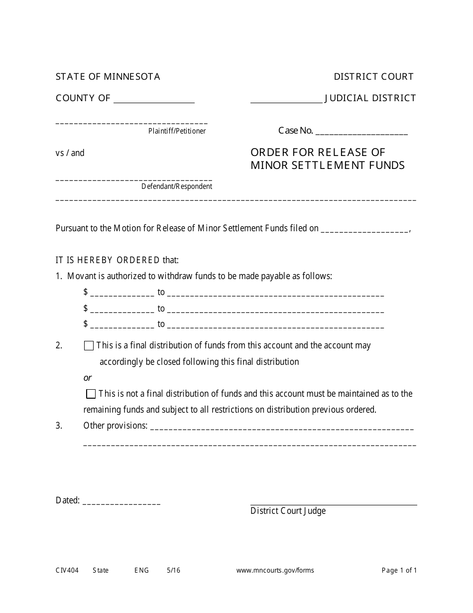 Form CIV404 Order for Release of Minor Settlement Funds - Minnesota, Page 1