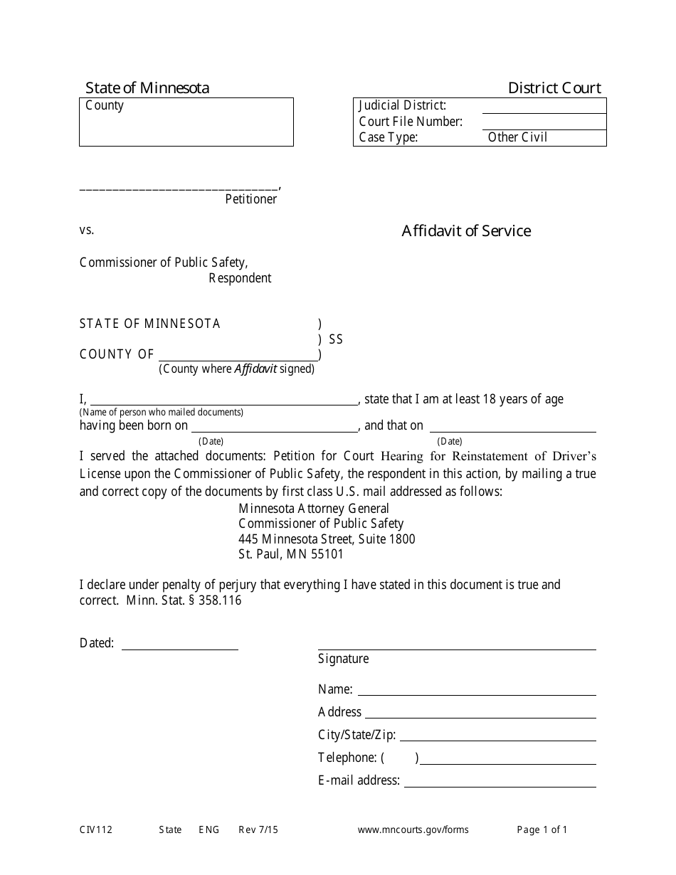 Form CIV112 Affidavit of Service - Minnesota, Page 1