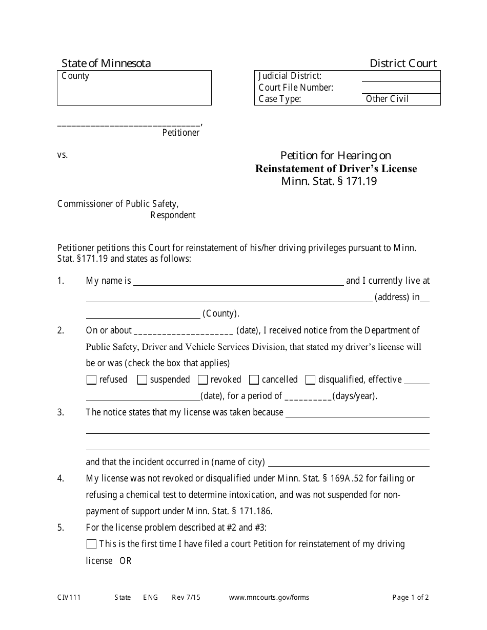 Form CIV111 Petition for Court Hearing on Reinstatement of Drivers License - Minnesota, Page 1