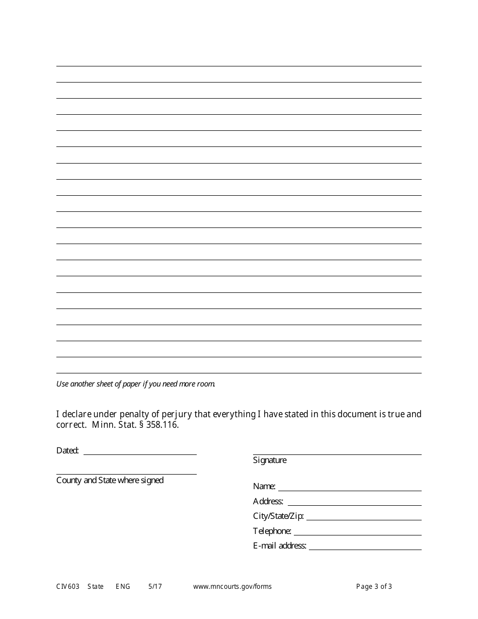 Form CIV603 Affidavit in Support of Motion - Minnesota, Page 3