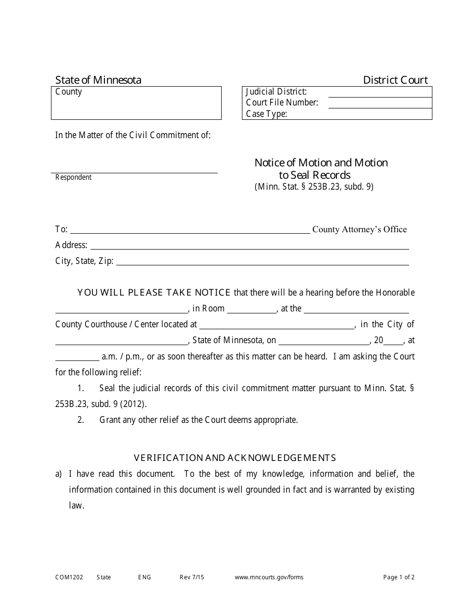 Form COM1202 Notice of Motion and Motion to Seal Records - Minnesota, Page 1