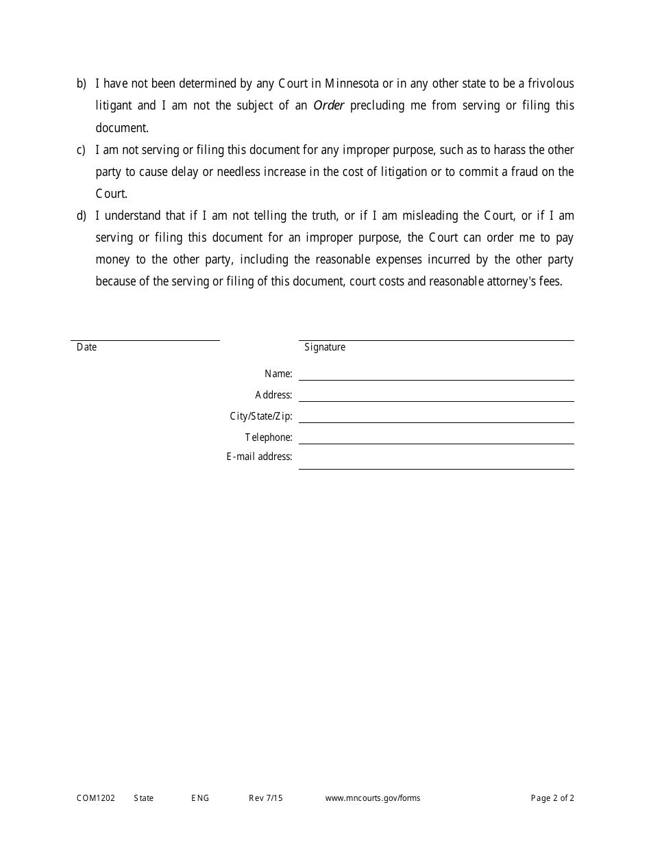 Form COM1202 Notice of Motion and Motion to Seal Records - Minnesota, Page 2