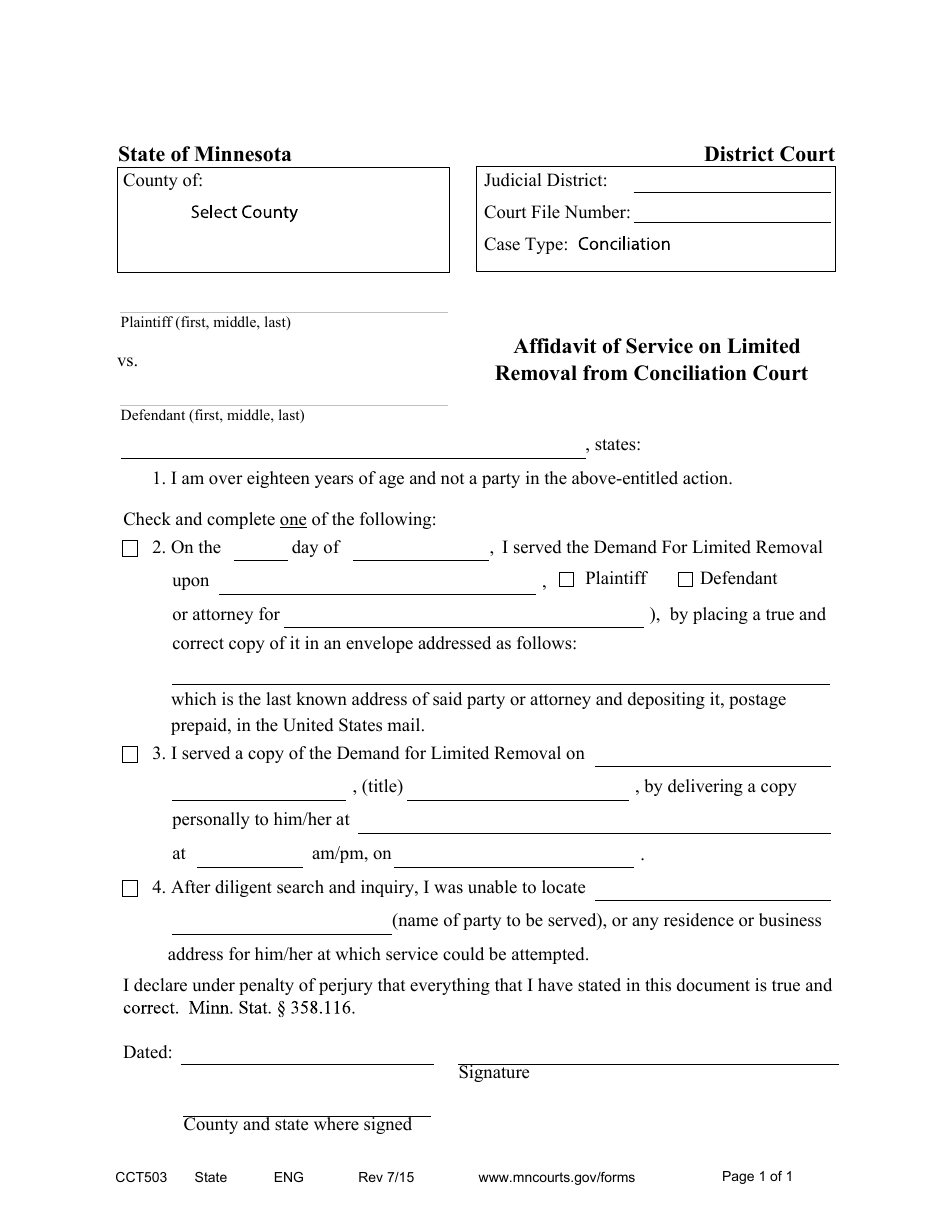 Form CCT503 Affidavit of Service on Limited Removal From Conciliation Court - Minnesota, Page 1