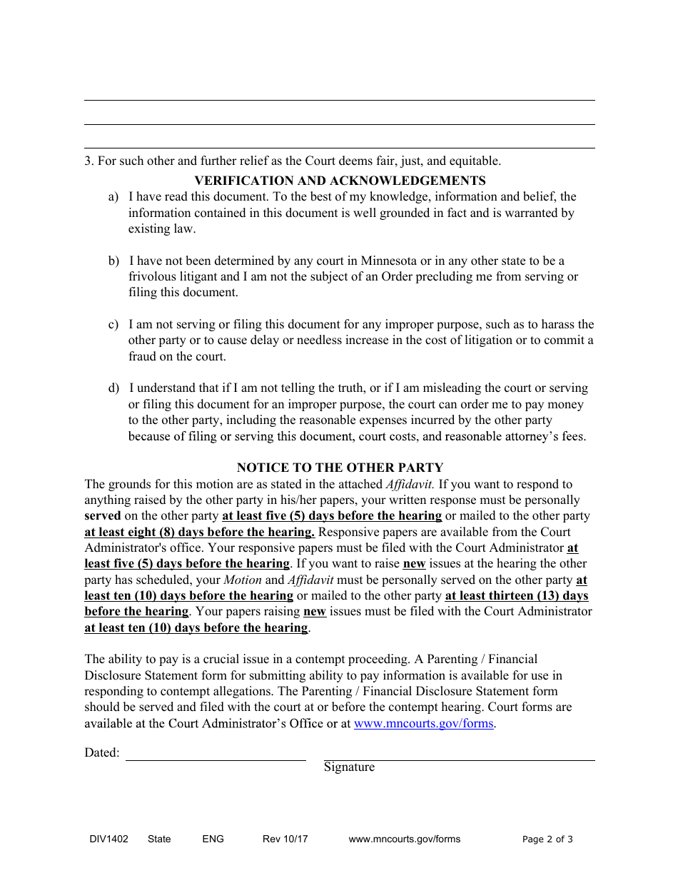 Form DIV1402 Notice of Motion and Motion for Contempt of Court - Minnesota, Page 2
