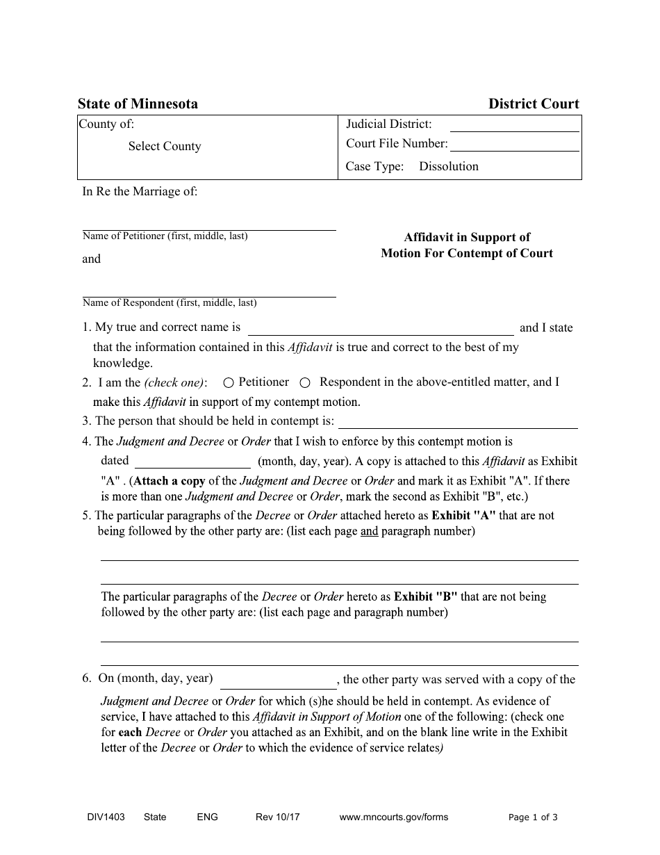 Form DIV1403 Affidavit in Support of Motion for Contempt of Court - Minnesota, Page 1