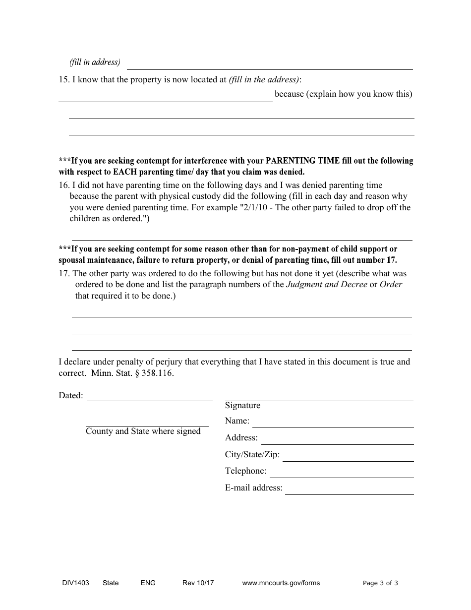 Form DIV1403 Affidavit in Support of Motion for Contempt of Court - Minnesota, Page 3