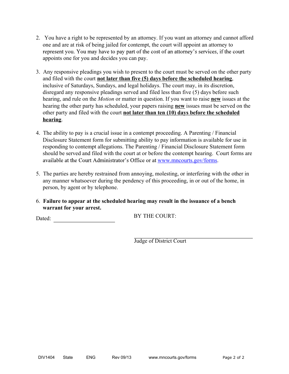 Form DIV1404 Order to Show Cause and Appear - Minnesota, Page 2