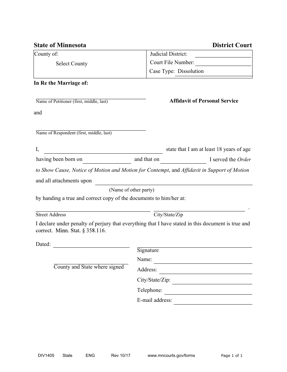 Form DIV1405 Affidavit of Personal Service - Minnesota, Page 1