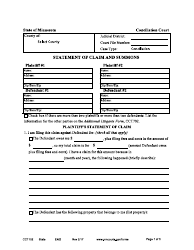 Document preview: Form CCT102 Statement of Claim and Summons - Minnesota