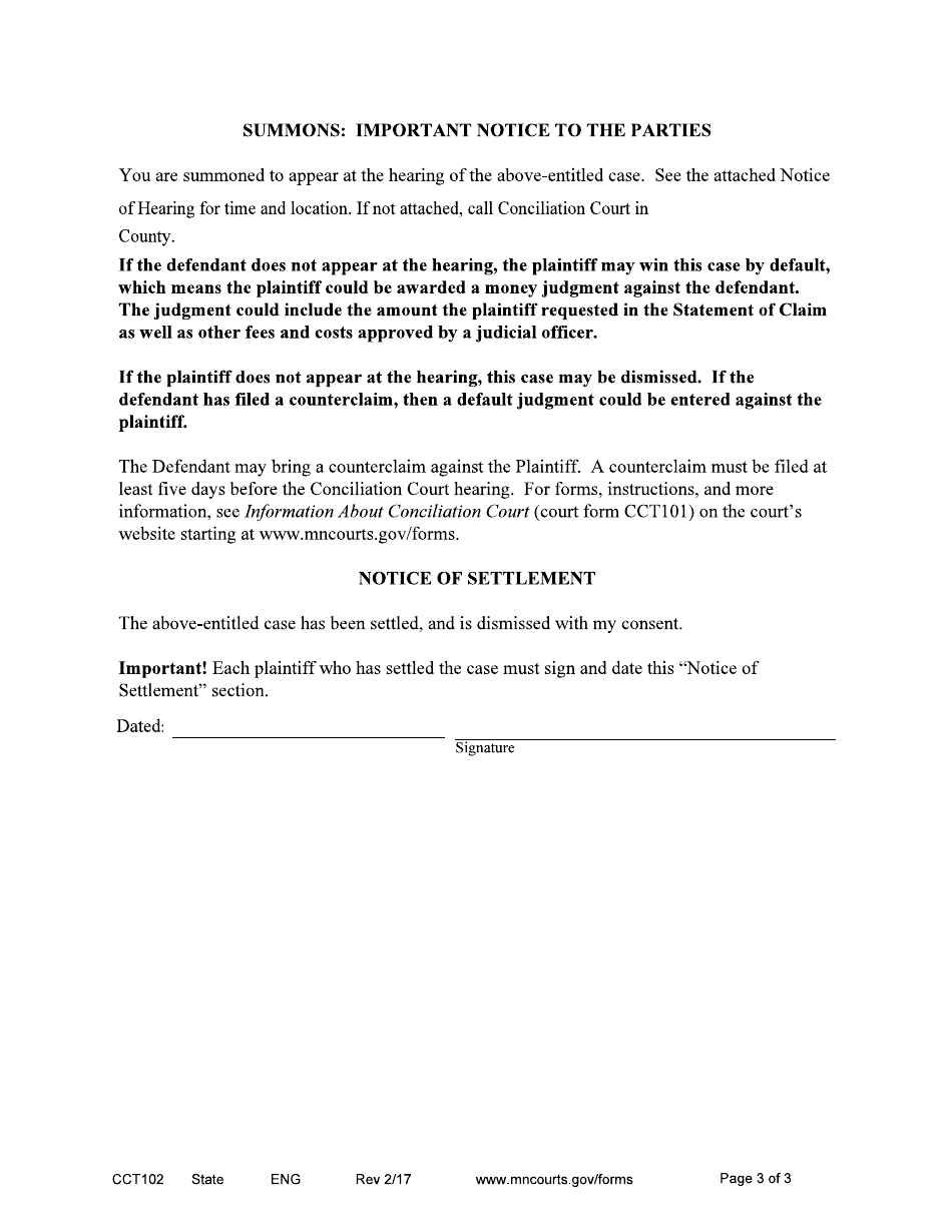 Form CCT102 Statement of Claim and Summons - Minnesota, Page 3
