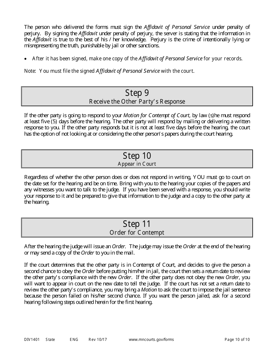 Form DIV1401 Instructions for Request to Have Other Party Held in Contempt of Court - Minnesota, Page 10