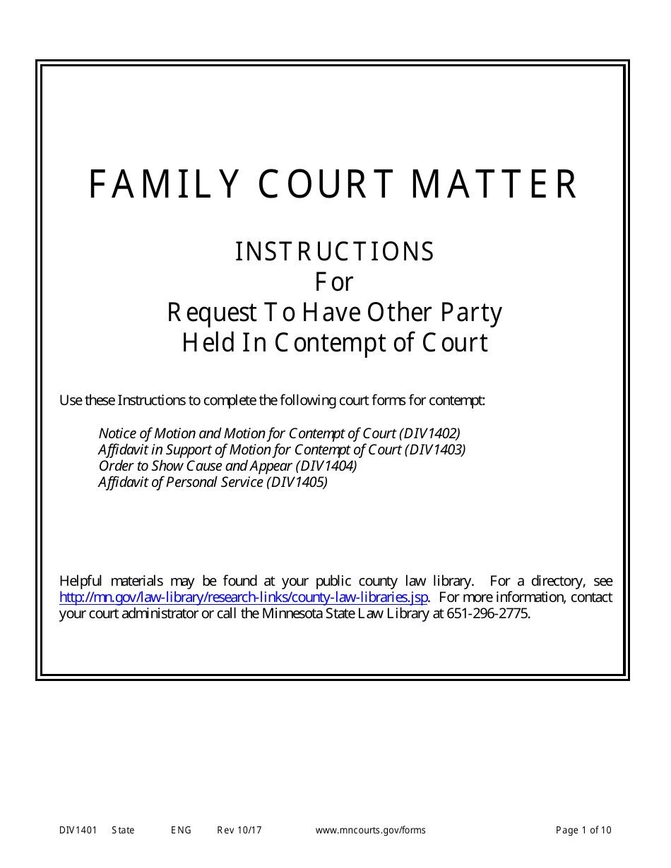 Form DIV1401 Instructions for Request to Have Other Party Held in Contempt of Court - Minnesota, Page 1