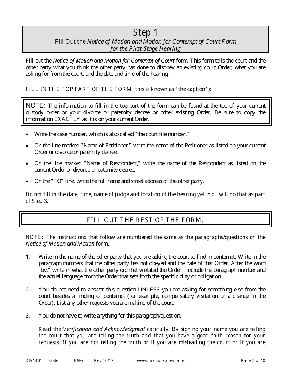 Form DIV1401 Instructions for Request to Have Other Party Held in Contempt of Court - Minnesota, Page 5