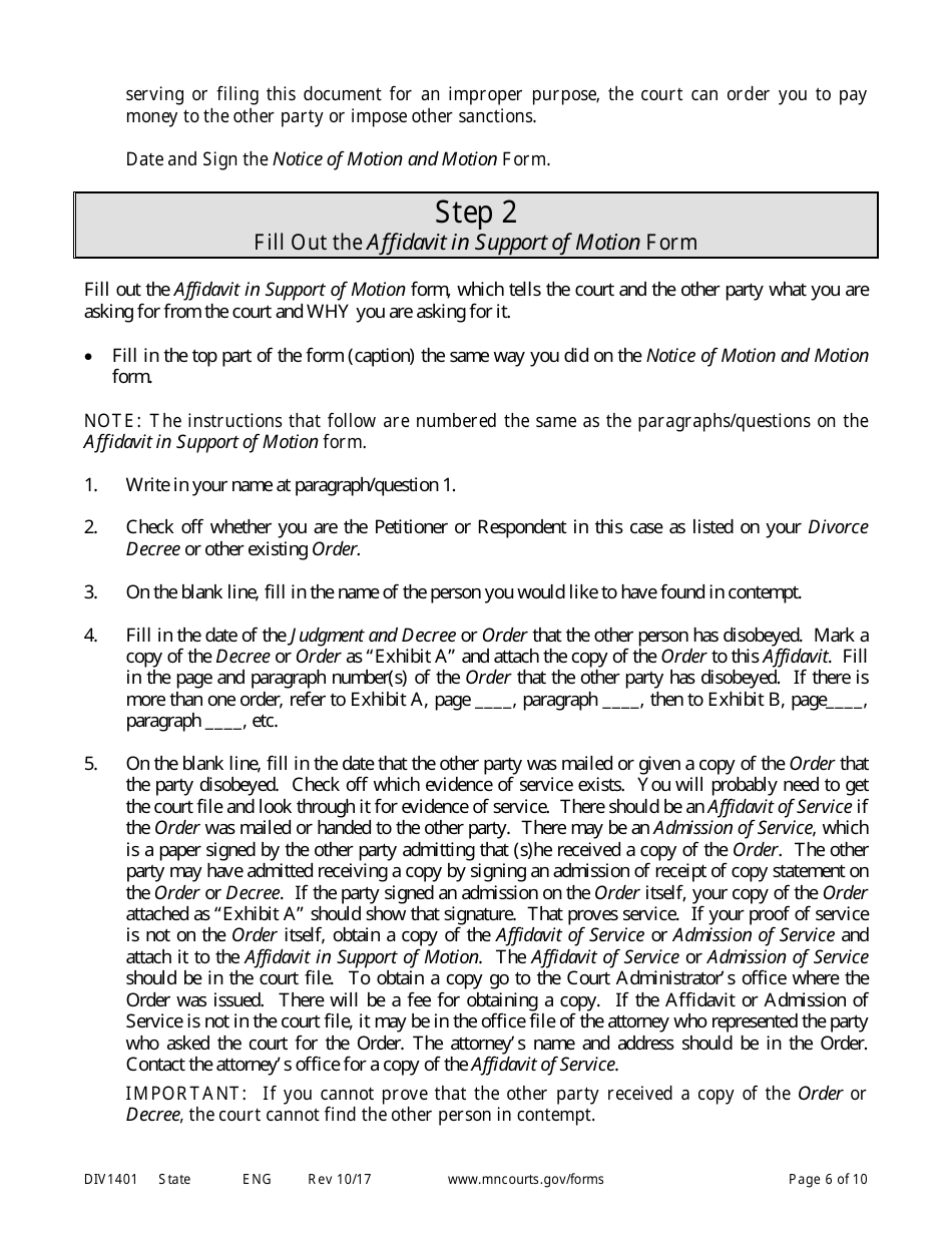 Form DIV1401 Instructions for Request to Have Other Party Held in Contempt of Court - Minnesota, Page 6