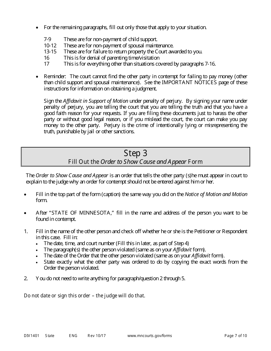 Form DIV1401 Instructions for Request to Have Other Party Held in Contempt of Court - Minnesota, Page 7