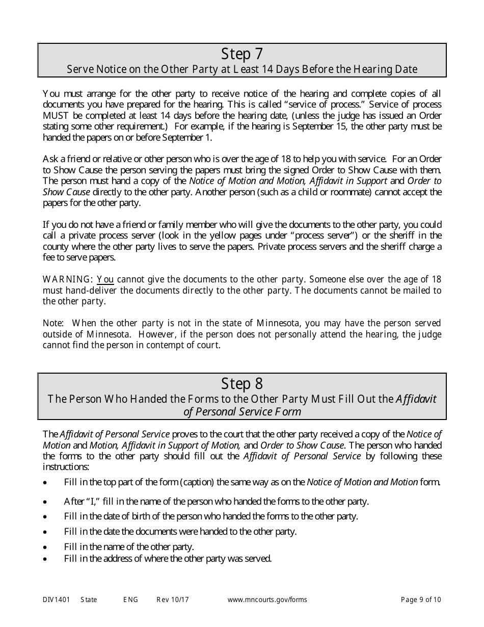 Form DIV1401 Instructions for Request to Have Other Party Held in Contempt of Court - Minnesota, Page 9