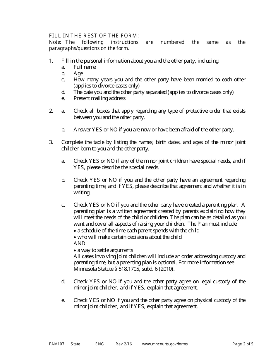 Instructions for Form FAM108 Parenting / Financial Disclosure Statement - Minnesota, Page 2