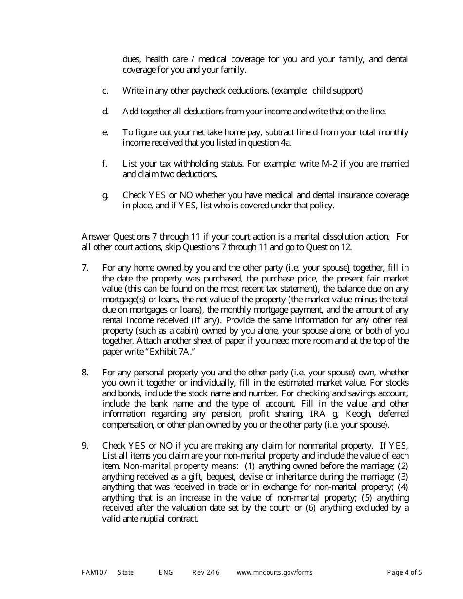 Instructions for Form FAM108 Parenting / Financial Disclosure Statement - Minnesota, Page 4