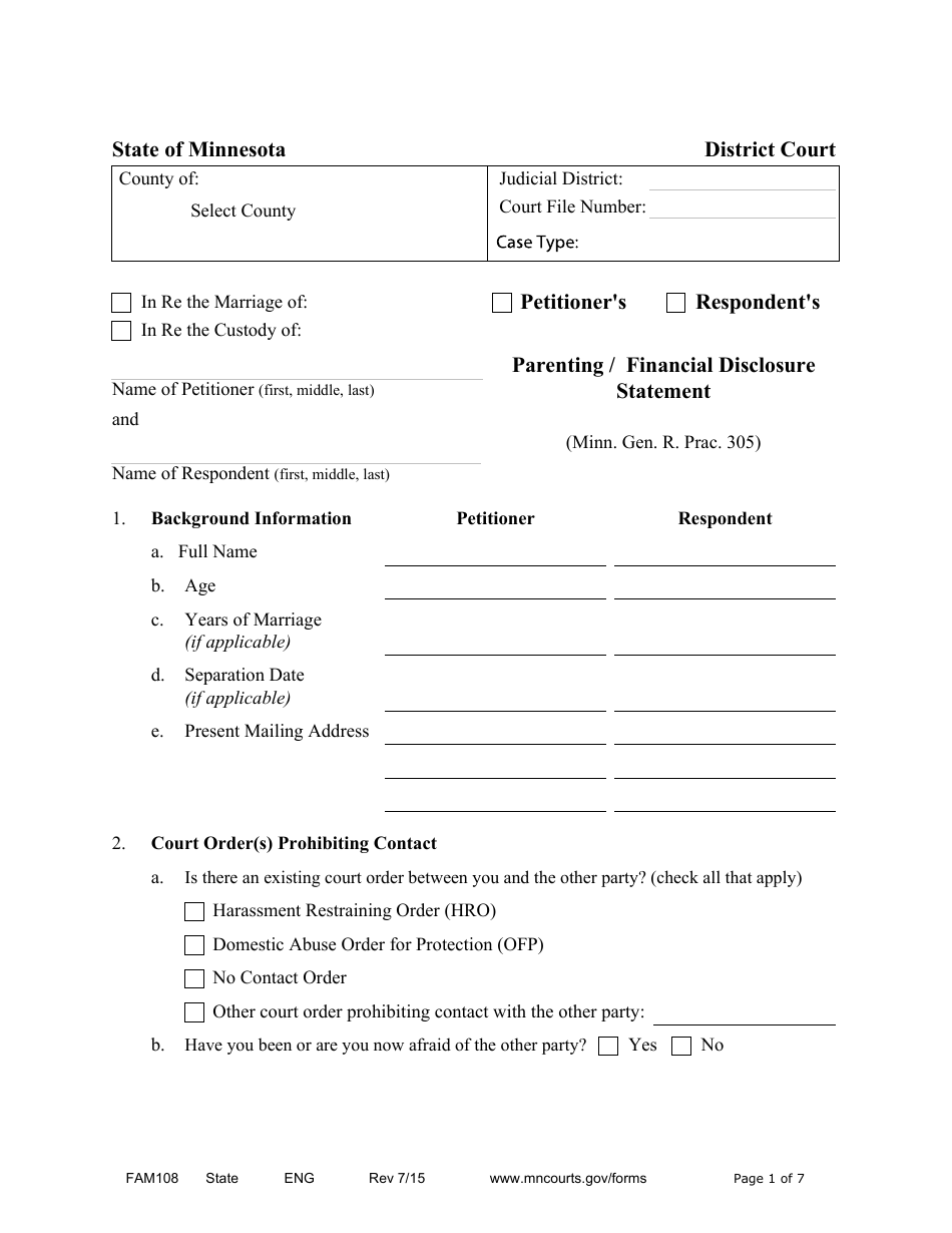 Form FAM108 Parenting / Financial Disclosure Statement - Minnesota, Page 1
